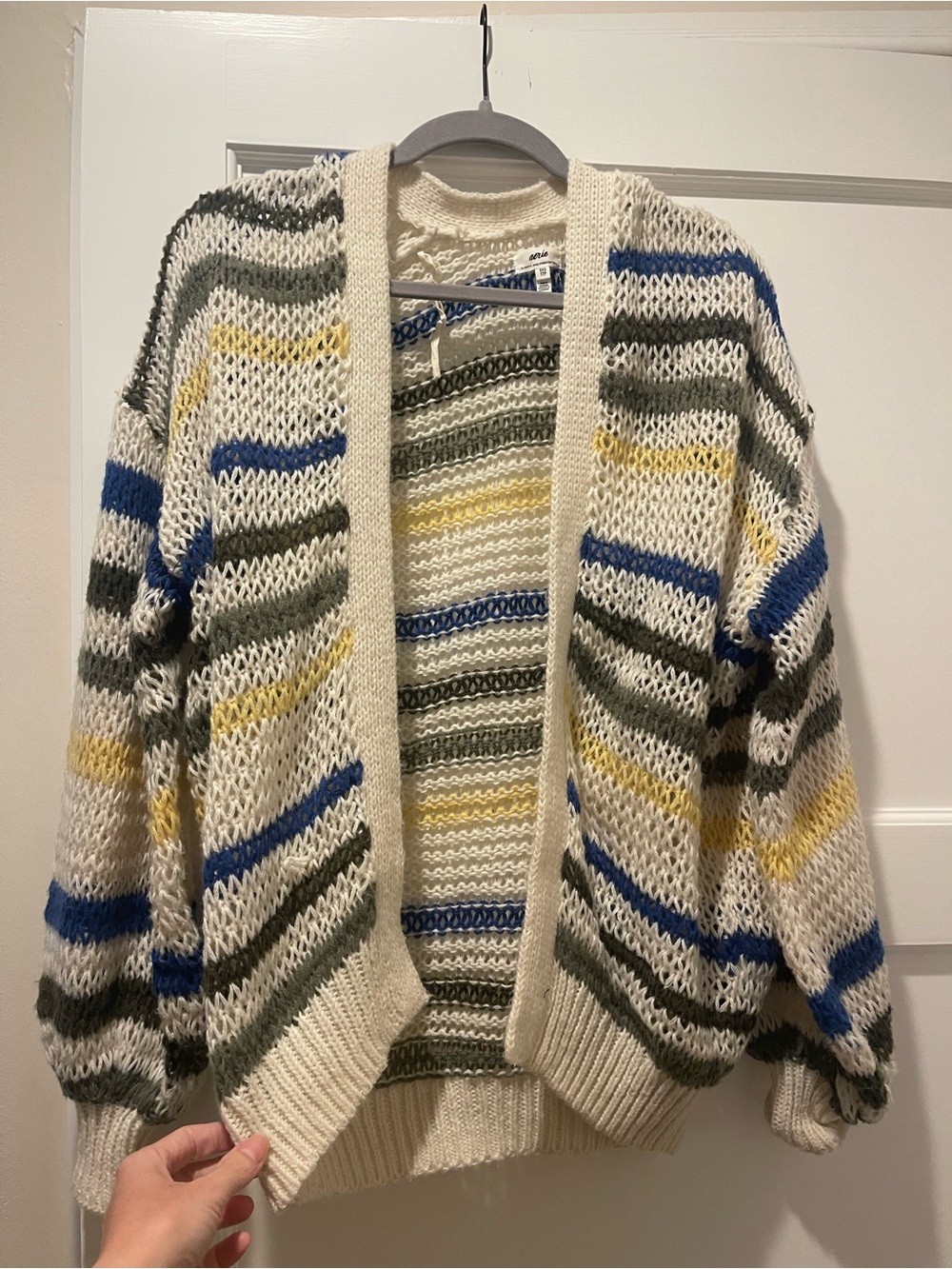 Aerie Cream Open-Front Striped Knit Sweater Cardigan